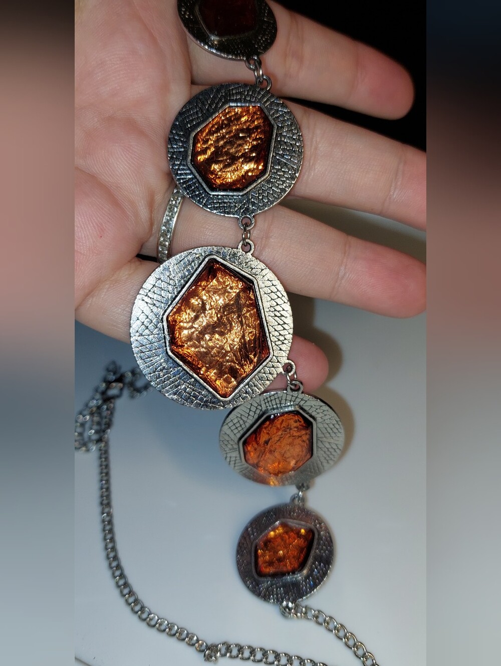 Statement Silver-Tone Necklace with Amber Copper Resin Insets